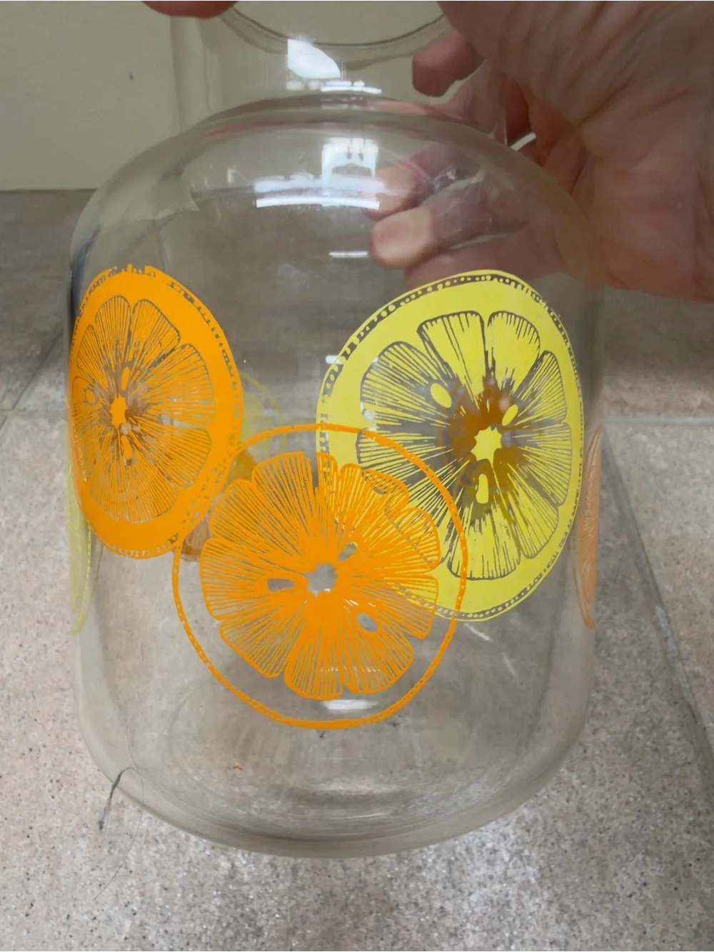 Vintage Pyrex Clear Glass Pitcher with Orange and Yellow Citrus Motif